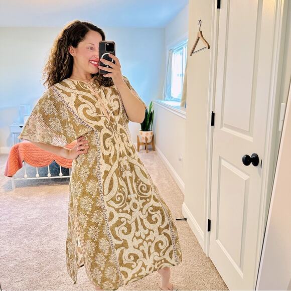 D’ascoli Brown Pink Embroidered Kaftan Maxi Dress Medium - Picture 1 of 16